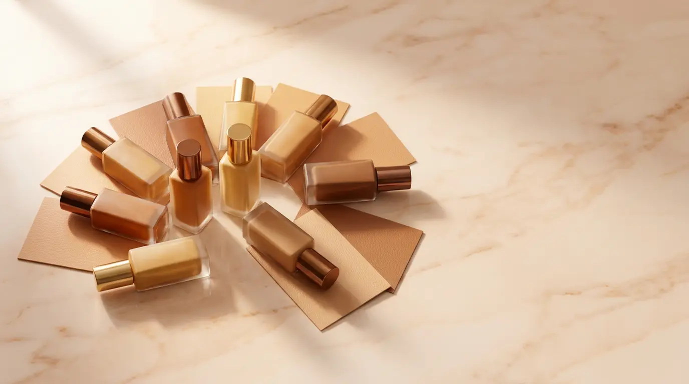 Foundation droppers fanned across warm marble.