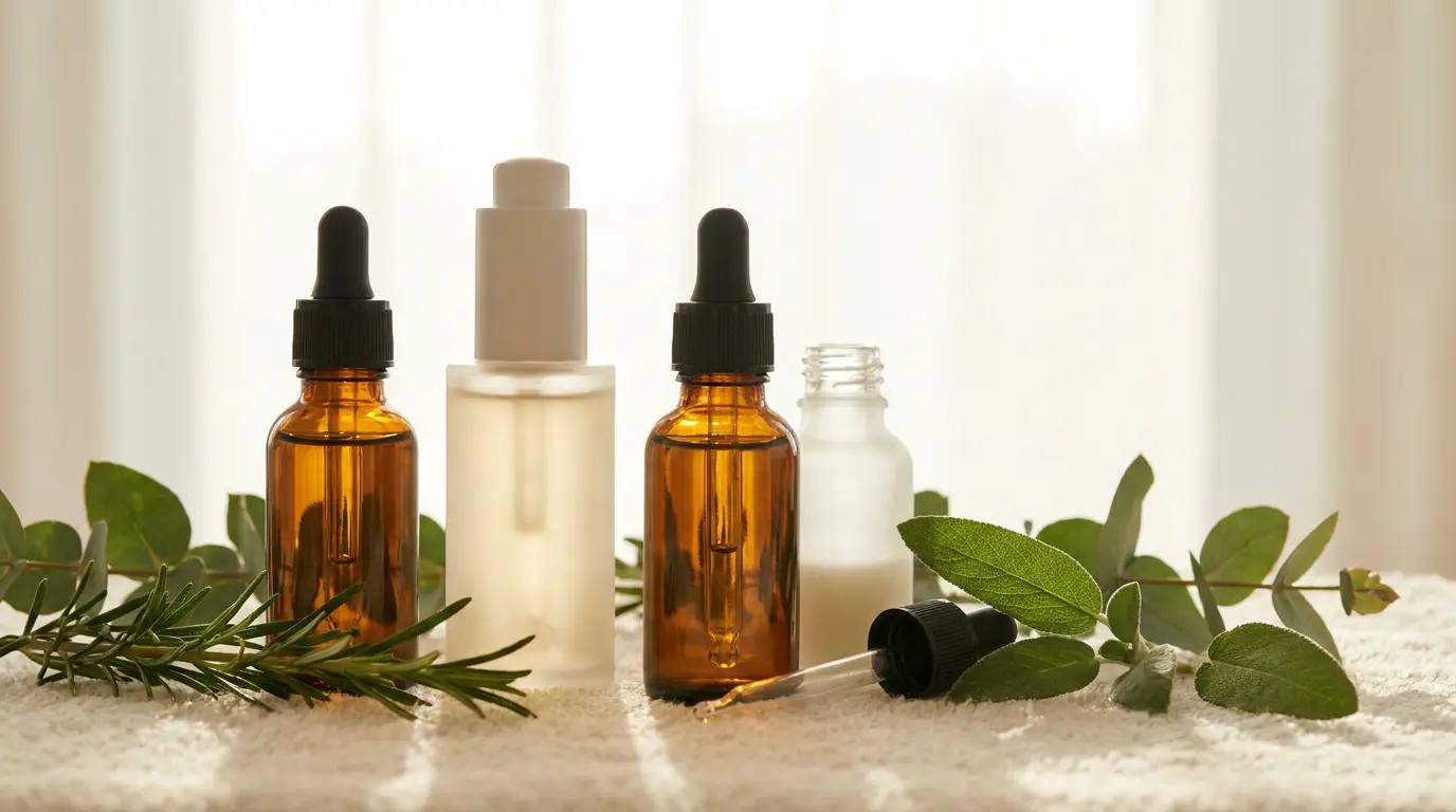 Serum bottles beside fresh eucalyptus.