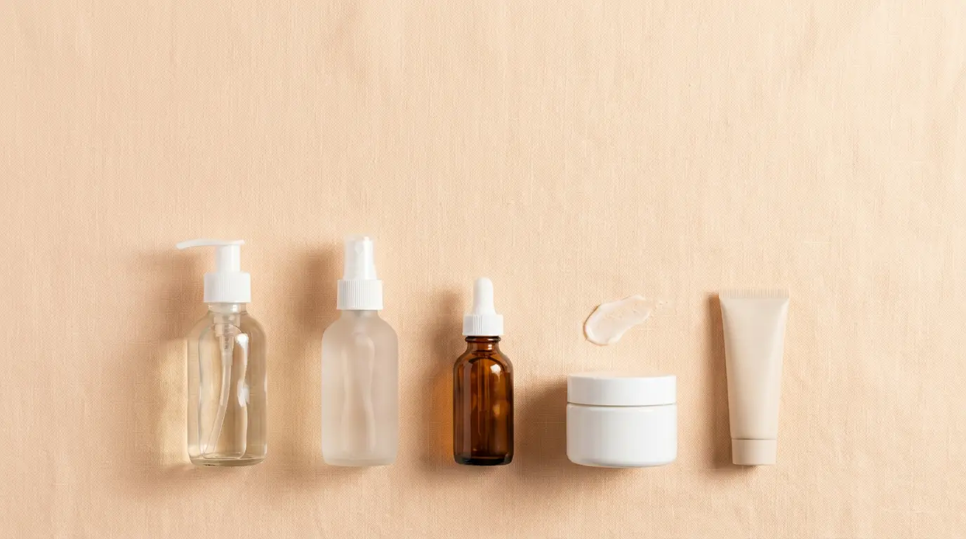 Skincare and color essentials on a warm tan surface.